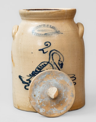 Extremely Rare BURGER & LANG / ROCHESTER, N.Y. Lidded Stoneware Jar w/ Cobalt Swan