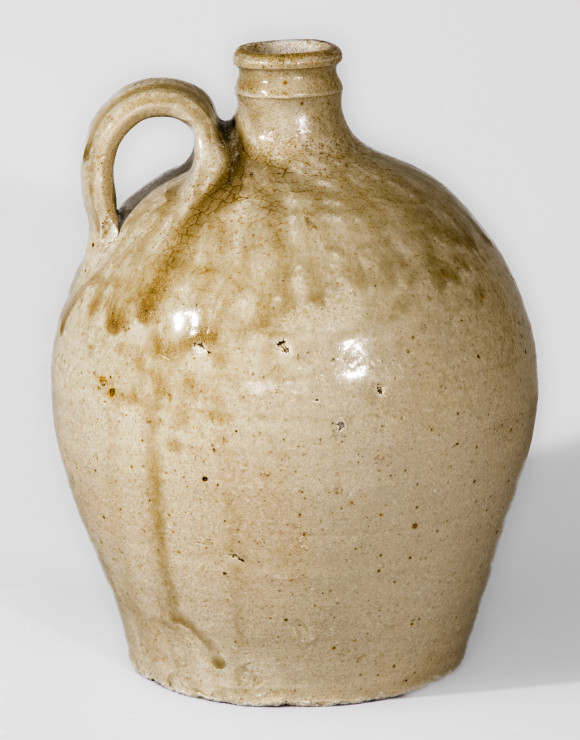 Exceptional Triply-Stamped Alkaline-Glazed Stoneware Jug, attributed to Pottersville Stoneware Manufactory, Edgefield District, SC, circa 1825.  
