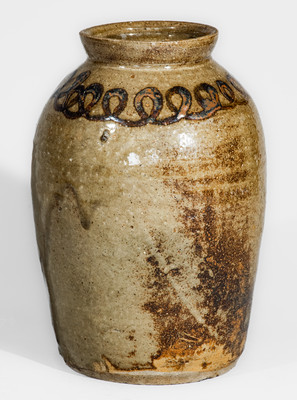 Scarce Alkaline-Glazed Stoneware Jar w/ Iron Slip Decoration, attrib. Thomas Chandler, Edgefield District, SC