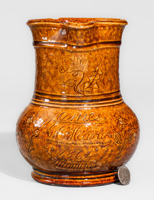 Very Rare Rockingham-Glazed Pitcher: "James G. O'Hara / 1864" at William Hart Pottery, Ogdensburg, NY