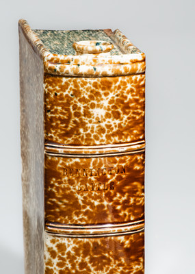 BENNINGTON / BATTLE Large-Sized Flint Enamel Book Flask, attrib. Lyman, Fenton & Co., Bennington, VT