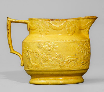 Extremely Rare Yellow-Glazed Redware Hunt Scene Pitcher attrib. Abolitionist Potter Levi Coates, Chester Co, PA