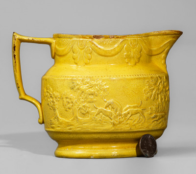 Extremely Rare Yellow-Glazed Redware Hunt Scene Pitcher attrib. Abolitionist Potter Levi Coates, Chester Co, PA
