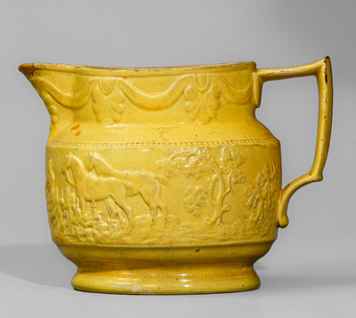 Extremely Rare Yellow-Glazed Redware Hunt Scene Pitcher attrib. Abolitionist Potter Levi Coates, Chester Co, PA