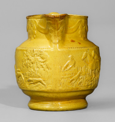Extremely Rare Yellow-Glazed Redware Hunt Scene Pitcher attrib. Abolitionist Potter Levi Coates, Chester Co, PA