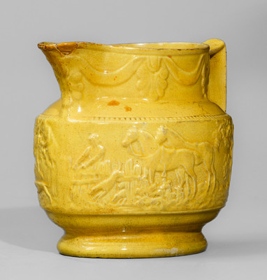 Extremely Rare Yellow-Glazed Redware Hunt Scene Pitcher attrib. Abolitionist Potter Levi Coates, Chester Co, PA