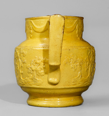 Extremely Rare Yellow-Glazed Redware Hunt Scene Pitcher attrib. Abolitionist Potter Levi Coates, Chester Co, PA