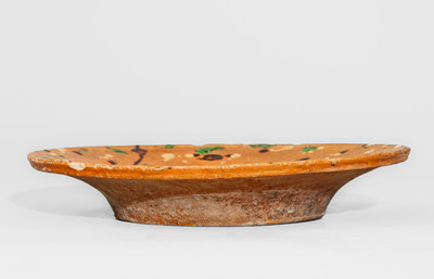 Fine Redware Dish w/ Spattered Three-Color Slip Decoration, attrib. Solomon Loy, Alamance Co, NC, c1825-40