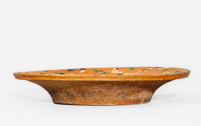 Fine Redware Dish w/ Spattered Three-Color Slip Decoration, attrib. Solomon Loy, Alamance Co, NC, c1825-40
