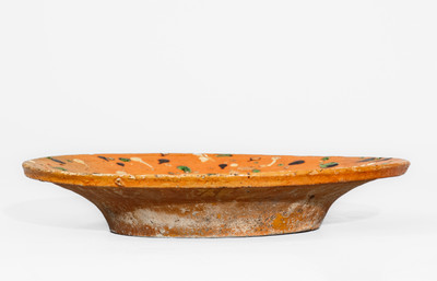 Fine Redware Dish w/ Spattered Three-Color Slip Decoration, attrib. Solomon Loy, Alamance Co, NC, c1825-40