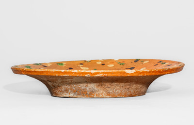Fine Redware Dish w/ Spattered Three-Color Slip Decoration, attrib. Solomon Loy, Alamance Co, NC, c1825-40