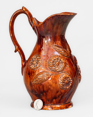 Rare and Fine "Anthony W. Bacher / 1878" Redware Pitcher w/ Applied Floral Decoration, Winchester, VA