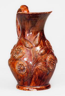 Rare and Fine "Anthony W. Bacher / 1878" Redware Pitcher w/ Applied Floral Decoration, Winchester, VA