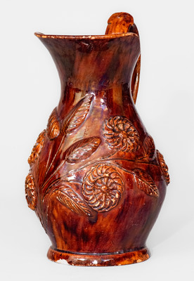 Rare and Fine "Anthony W. Bacher / 1878" Redware Pitcher w/ Applied Floral Decoration, Winchester, VA