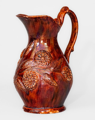 Rare and Fine "Anthony W. Bacher / 1878" Redware Pitcher w/ Applied Floral Decoration, Winchester, VA