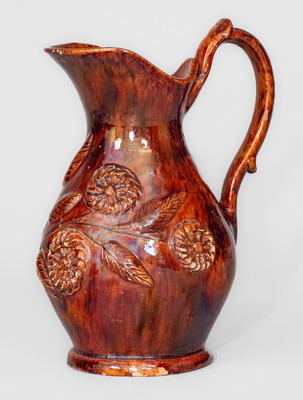 Rare and Fine "Anthony W. Bacher / 1878" Redware Pitcher w/ Applied Floral Decoration, Winchester, VA