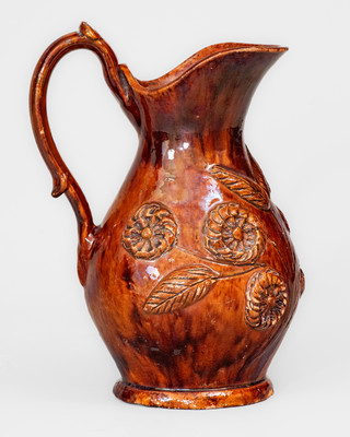 Rare and Fine "Anthony W. Bacher / 1878" Redware Pitcher w/ Applied Floral Decoration, Winchester, VA