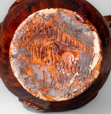 Rare and Fine "Anthony W. Bacher / 1878" Redware Pitcher w/ Applied Floral Decoration, Winchester, VA