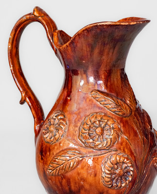 Rare and Fine "Anthony W. Bacher / 1878" Redware Pitcher w/ Applied Floral Decoration, Winchester, VA