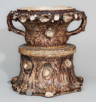 Very Rare Stoneware Rustic Flowerpot w/ Base, attrib. Jacob Bachley, Texarkana Pottery, Arkansas