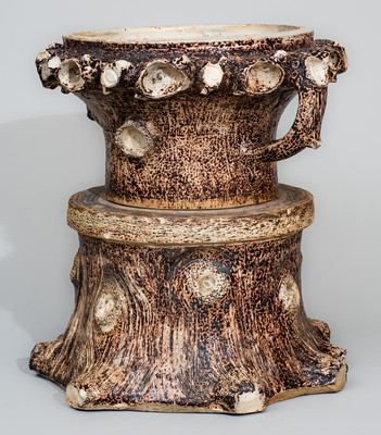 Very Rare Stoneware Rustic Flowerpot w/ Base, attrib. Jacob Bachley, Texarkana Pottery, Arkansas