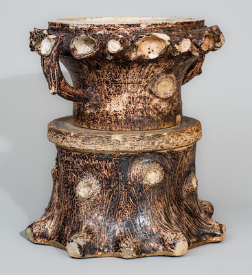 Very Rare Stoneware Rustic Flowerpot w/ Base, attrib. Jacob Bachley, Texarkana Pottery, Arkansas