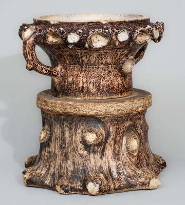 Very Rare Stoneware Rustic Flowerpot w/ Base, attrib. Jacob Bachley, Texarkana Pottery, Arkansas