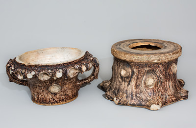 Very Rare Stoneware Rustic Flowerpot w/ Base, attrib. Jacob Bachley, Texarkana Pottery, Arkansas