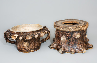 Very Rare Stoneware Rustic Flowerpot w/ Base, attrib. Jacob Bachley, Texarkana Pottery, Arkansas