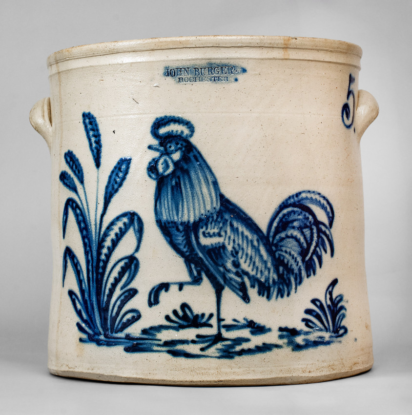 Exceptional 5 Gal. JOHN BURGER / ROCHESTER Stoneware Crock with Elaborate Rooster Decoration