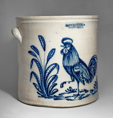 Outstanding JOHN BURGER / ROCHESTER, NY Five-Gallon Stoneware Crock w/ Rooster Scene