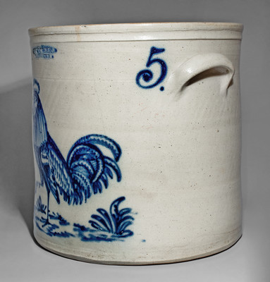 Outstanding JOHN BURGER / ROCHESTER, NY Five-Gallon Stoneware Crock w/ Rooster Scene