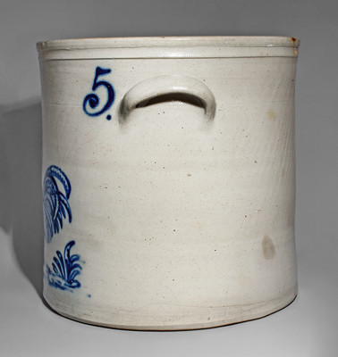 Outstanding JOHN BURGER / ROCHESTER, NY Five-Gallon Stoneware Crock w/ Rooster Scene