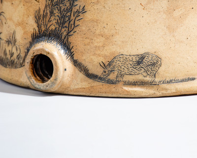 Extremely Rare and Important NICHOLS & BOYNTON / BURLINGTON, VT Monumental Stoneware Water Cooler with Elaborate Incised Tree and Cow Scene