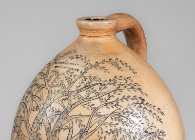 Highly Important Large Stoneware Cooler w/ Profuse Incised Tree and Cow Scene, NICHOLS & BOYNTON / BURLINGTON, VT