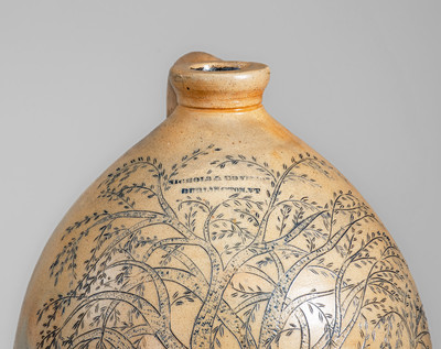 Highly Important Large Stoneware Cooler w/ Profuse Incised Tree and Cow Scene, NICHOLS & BOYNTON / BURLINGTON, VT