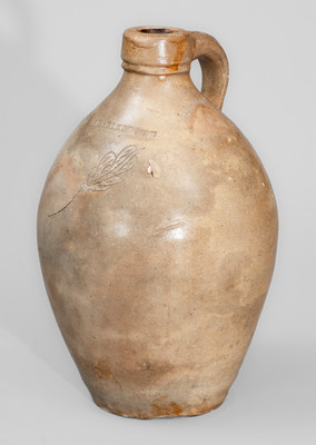 Rare CHARLESTOWN, MA Small-Sized Stoneware Jug w/ Incised Foliate Decoration, c1825