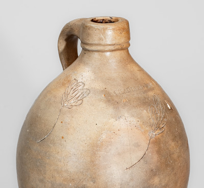 Rare CHARLESTOWN, MA Small-Sized Stoneware Jug w/ Incised Foliate Decoration, c1825
