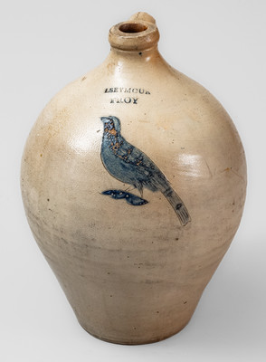 I. SEYMOUR / TROY, NY Stoneware Jug w/ Incised Bird Decoration, circa 1830