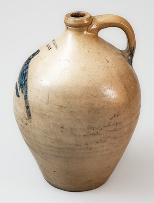 I. SEYMOUR / TROY, NY Stoneware Jug w/ Incised Bird Decoration, circa 1830