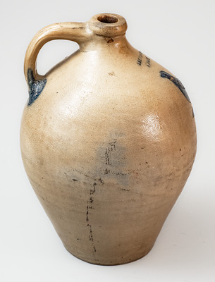 I. SEYMOUR / TROY, NY Stoneware Jug w/ Incised Bird Decoration, circa 1830