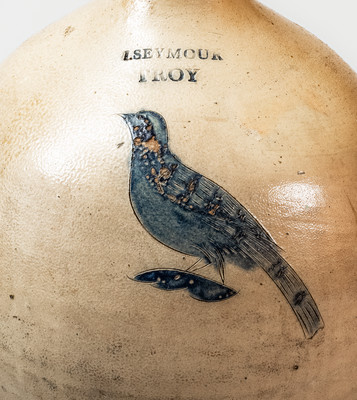 I. SEYMOUR / TROY, NY Stoneware Jug w/ Incised Bird Decoration, circa 1830