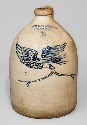 WM E. WARNER / WEST-TROY Stoneware Jug w/ Cobalt Eagle and Banner Motif