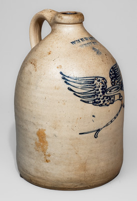 WM E. WARNER / WEST-TROY Stoneware Jug w/ Cobalt Eagle and Banner Motif