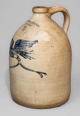 WM E. WARNER / WEST-TROY Stoneware Jug w/ Cobalt Eagle and Banner Motif