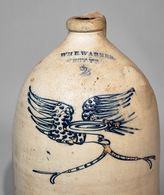 WM E. WARNER / WEST-TROY Stoneware Jug w/ Cobalt Eagle and Banner Motif