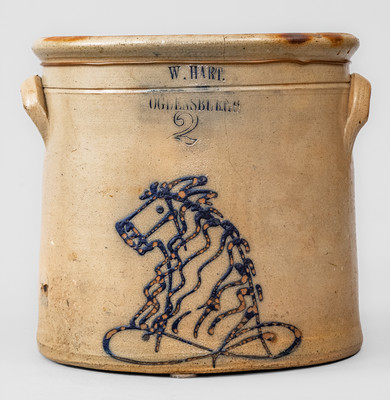 Scarce W. HART / OGDENSBURGH Stoneware Crock w/ Cobalt Horse Head Decoration