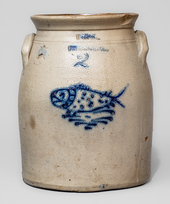 Scarce W. HART / OGDENSBURGH, NY Stoneware Jar w/ Cobalt Fish Decoration