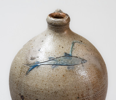 Fine Two-Gallon Stoneware Jug with Incised Fish Decoration, Albany, NY area, early 19th century.