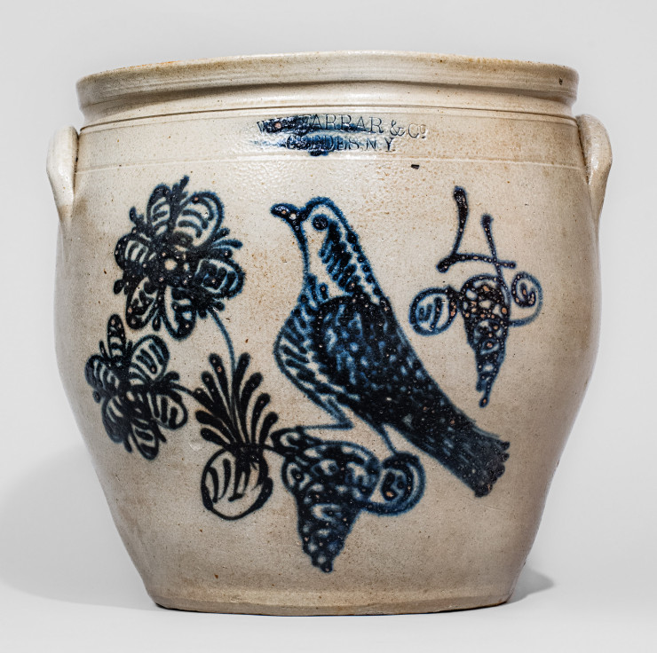 Exceptional Four-Gallon Stoneware Jar with Elaborate Cobalt Bird and Floral Decorations, Stamped 